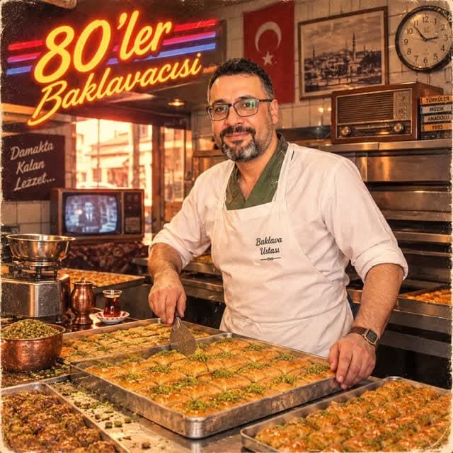 Baklavacı Bay Serhat tezgâhında usta ve baklava tepsileri